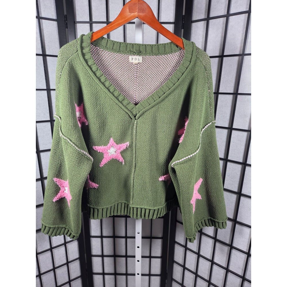 POL Star Knit Oversized Boho V-Neck Sweater Green Pink Women L